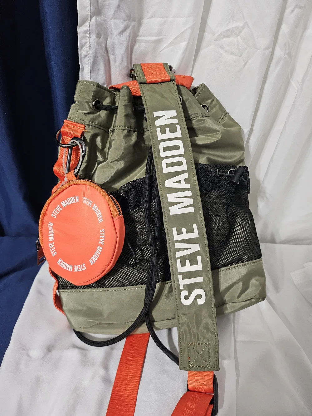 Steve Madden Olive Green and Orange Drawstring Bucket Bag